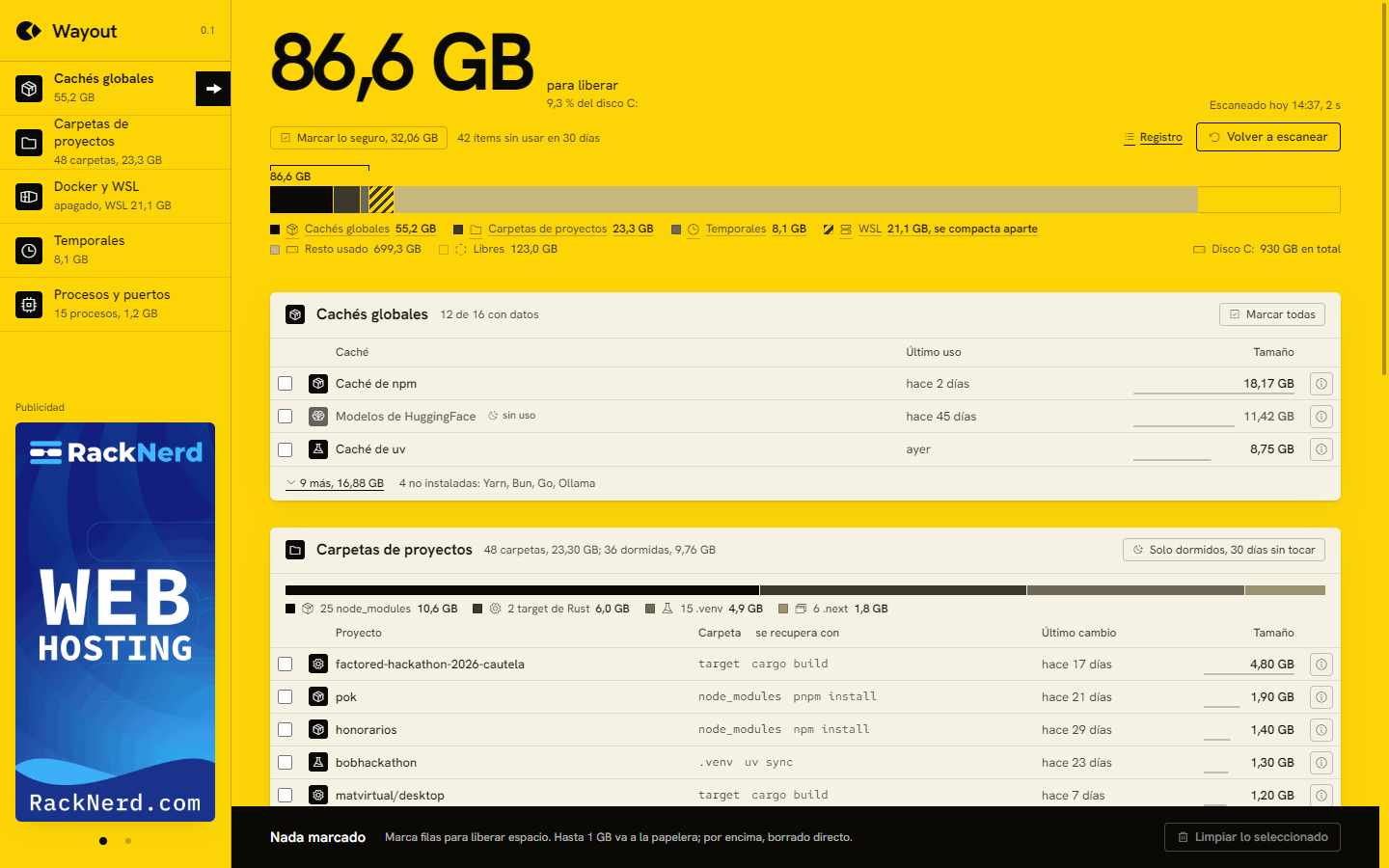 Pantalla de Wayout tras escanear: 86,6 GB para liberar, barra del disco por tramos y tablas de cachés y carpetas de proyectos